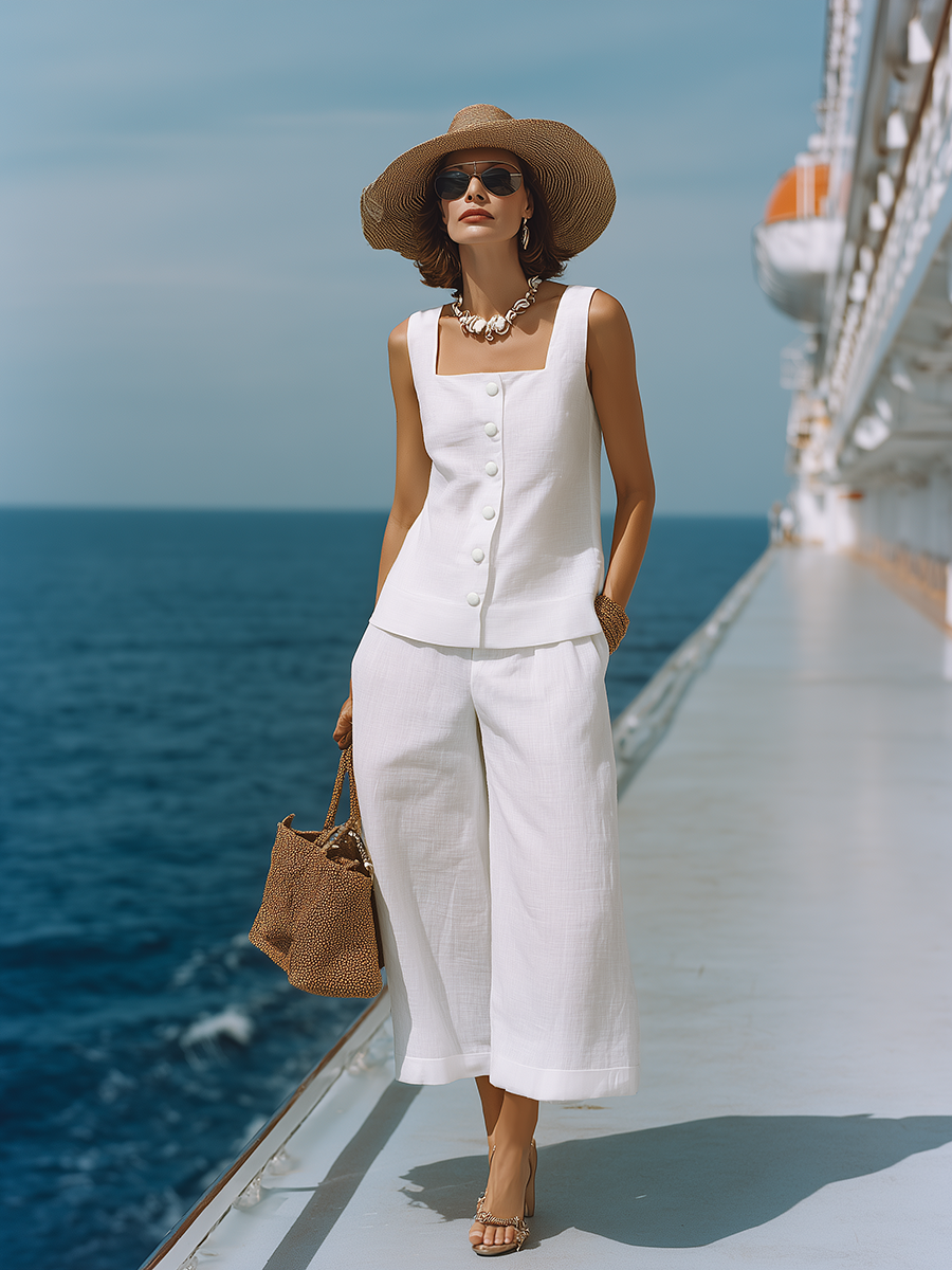 Claire | Ensemble Élégant en Coton Lin Top Col Carré & Pantalon Capri