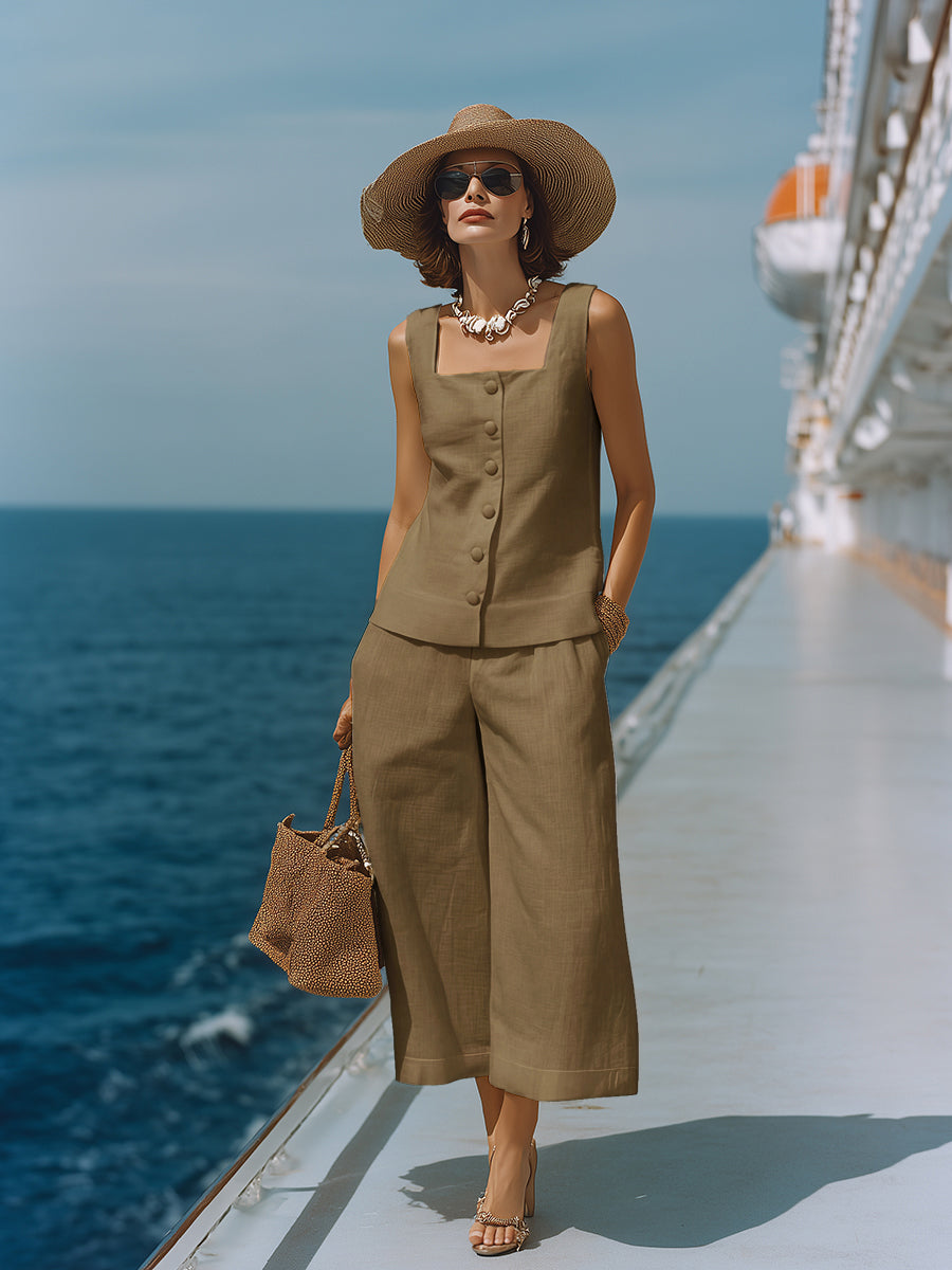 Claire | Ensemble Élégant en Coton Lin Top Col Carré & Pantalon Capri