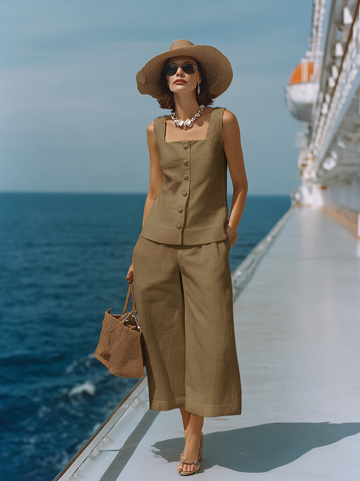 Claire | Ensemble Élégant en Coton Lin Top Col Carré & Pantalon Capri