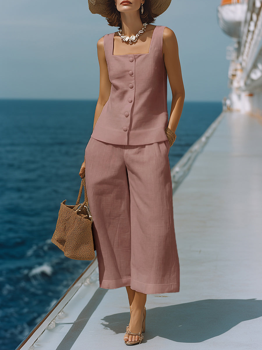 Claire | Ensemble Élégant en Coton Lin Top Col Carré & Pantalon Capri
