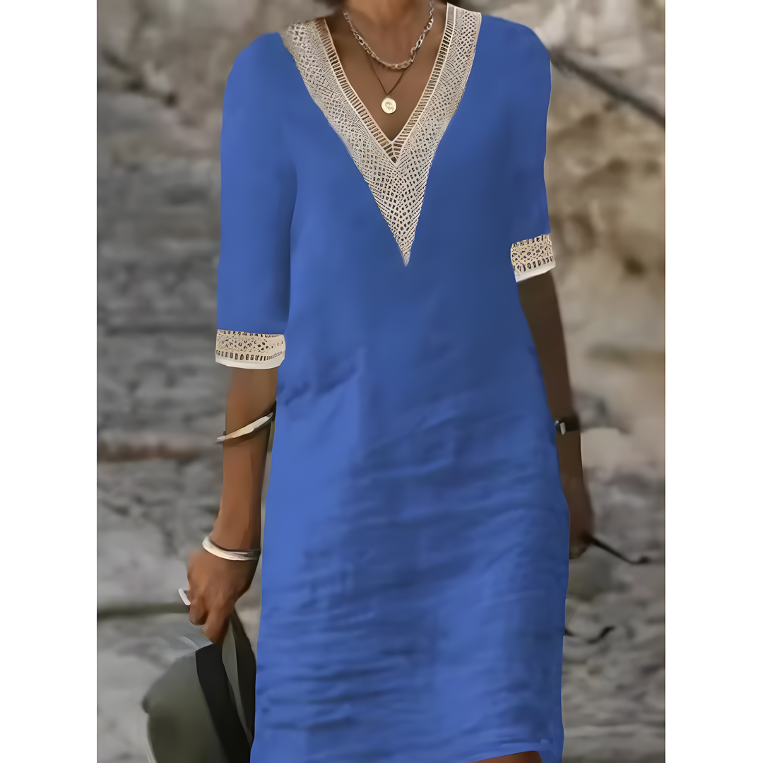 Isabeau™ | Robe midi à col en V et dentelle contrastante