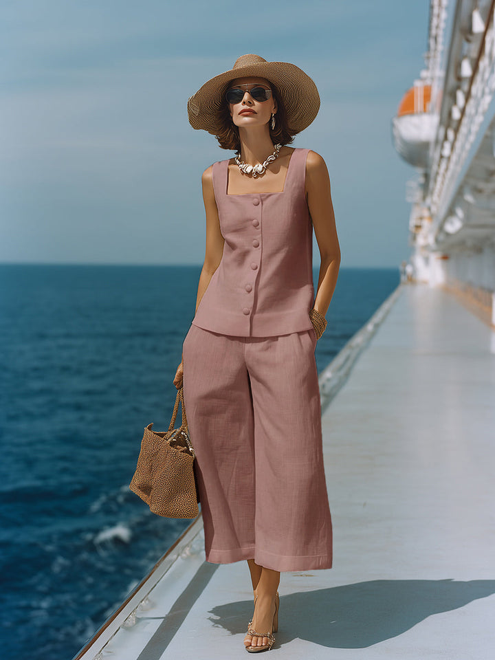 Claire | Ensemble Élégant en Coton Lin Top Col Carré & Pantalon Capri