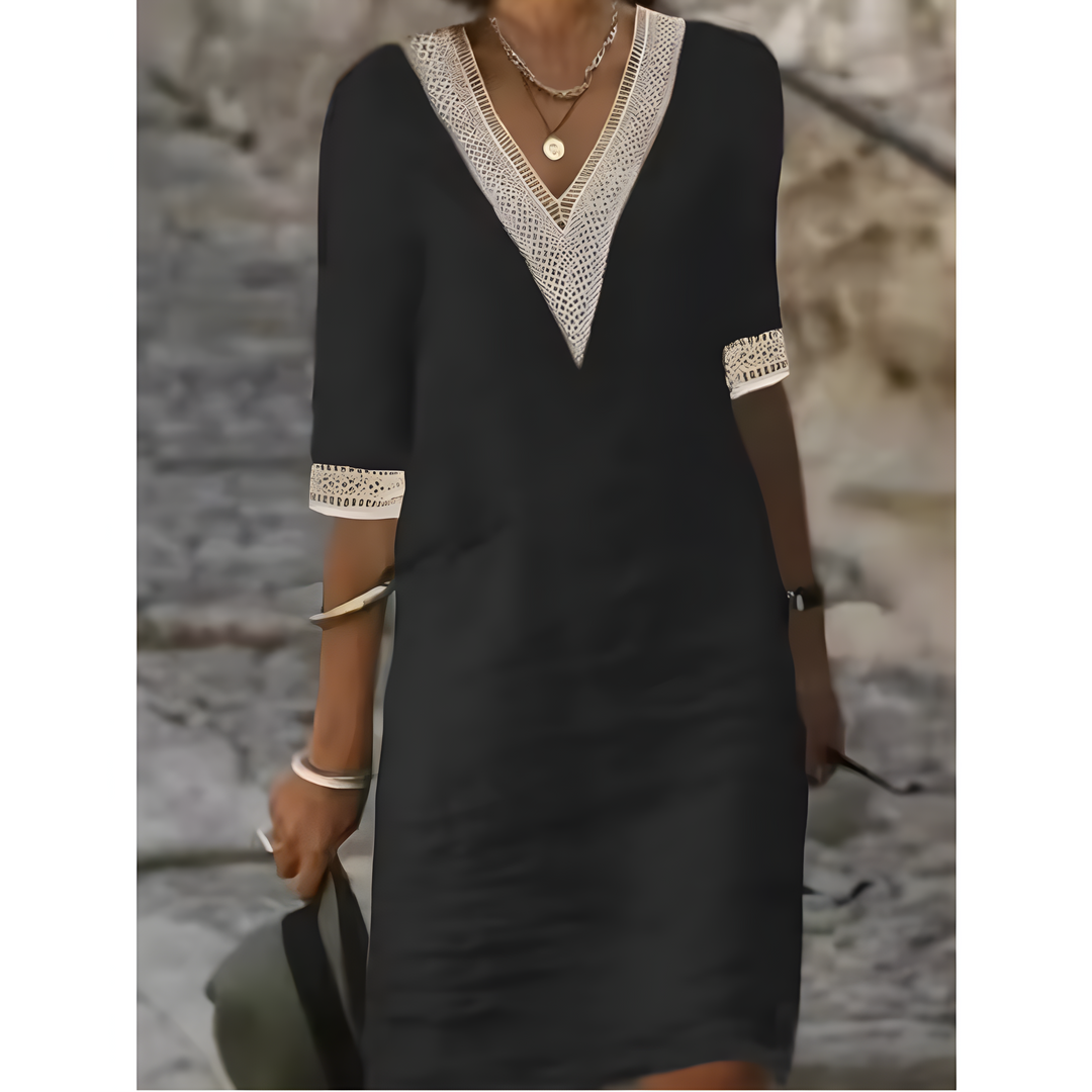 Isabeau™ | Robe midi à col en V et dentelle contrastante