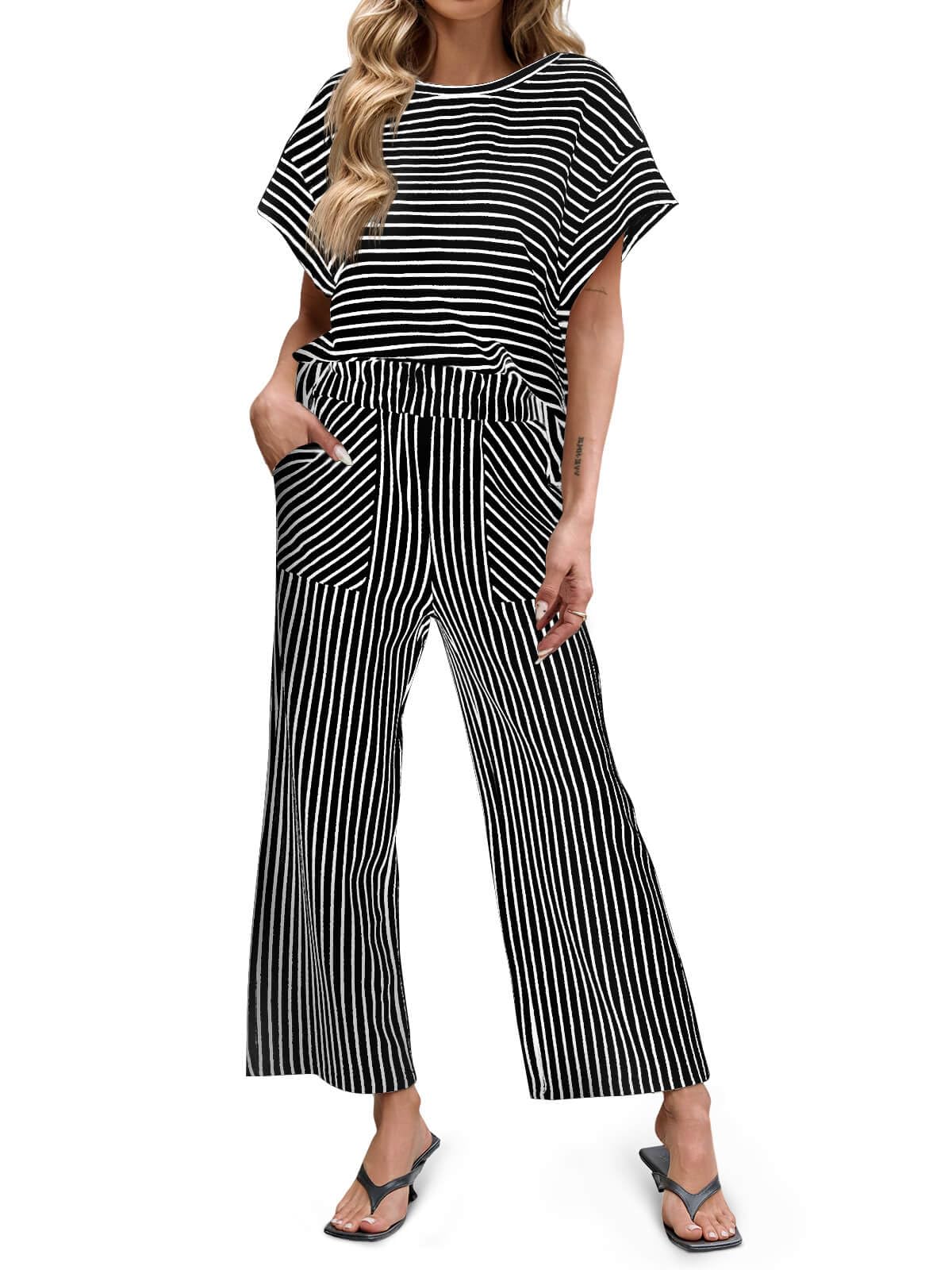 Bea | Ensemble Deux Pièces Rayé T-Shirt Manches Courtes et Pantalon Large