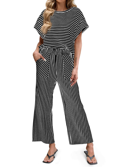Bea | Ensemble Deux Pièces Rayé T-Shirt Manches Courtes et Pantalon Large