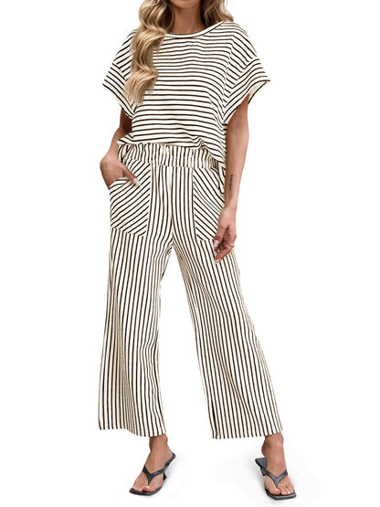 Bea | Ensemble Deux Pièces Rayé T-Shirt Manches Courtes et Pantalon Large
