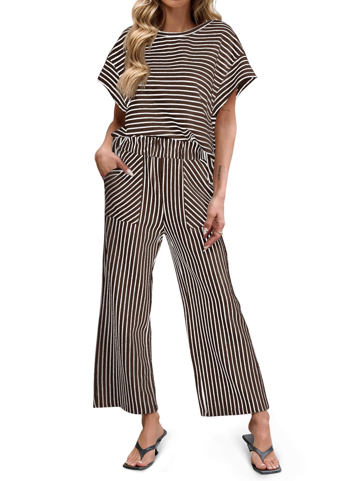 Bea | Ensemble Deux Pièces Rayé T-Shirt Manches Courtes et Pantalon Large