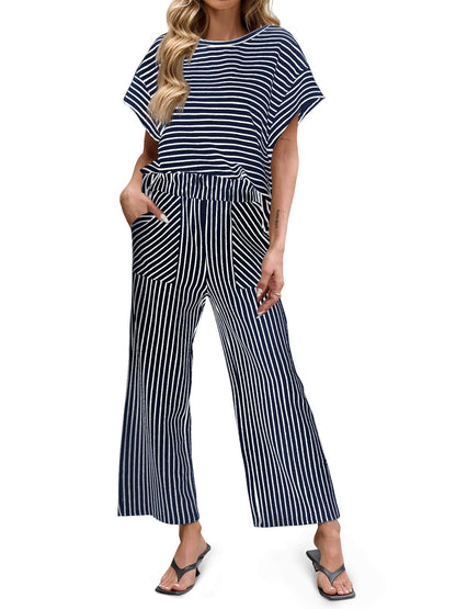 Bea | Ensemble Deux Pièces Rayé T-Shirt Manches Courtes et Pantalon Large