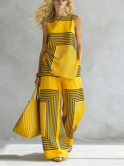 Léa | Ensemble Géométrique Moderne Top Sans Manches & Pantalon Large