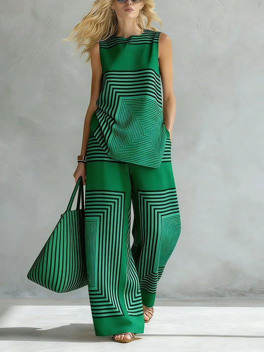 Léa | Ensemble Géométrique Moderne Top Sans Manches & Pantalon Large
