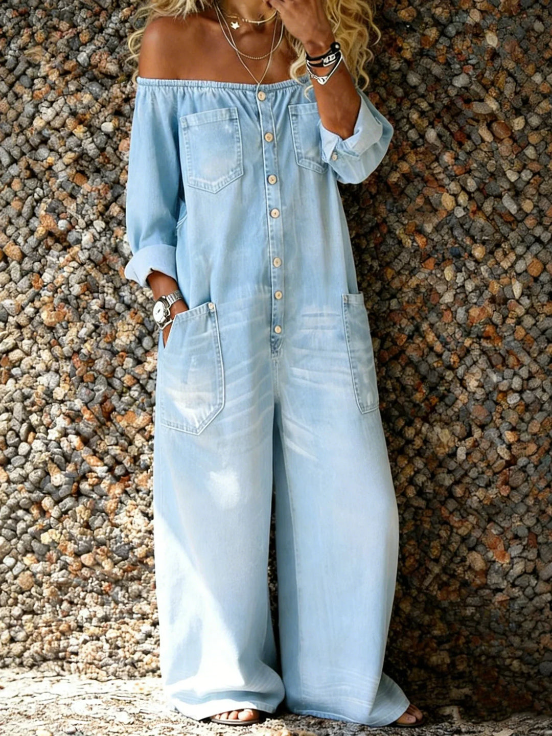 Léa | Combinaison Denim Décontractée À Manches Longues