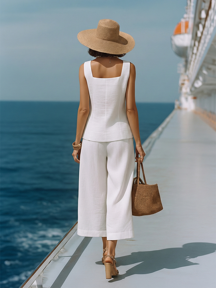 Claire | Ensemble Élégant en Coton Lin Top Col Carré & Pantalon Capri