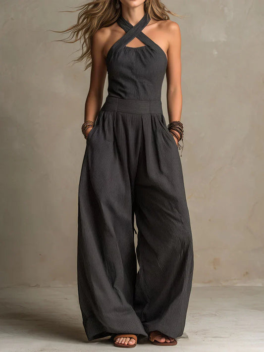 Léonie | Combinaison Halter Croisé Rayé & Jambes Larges