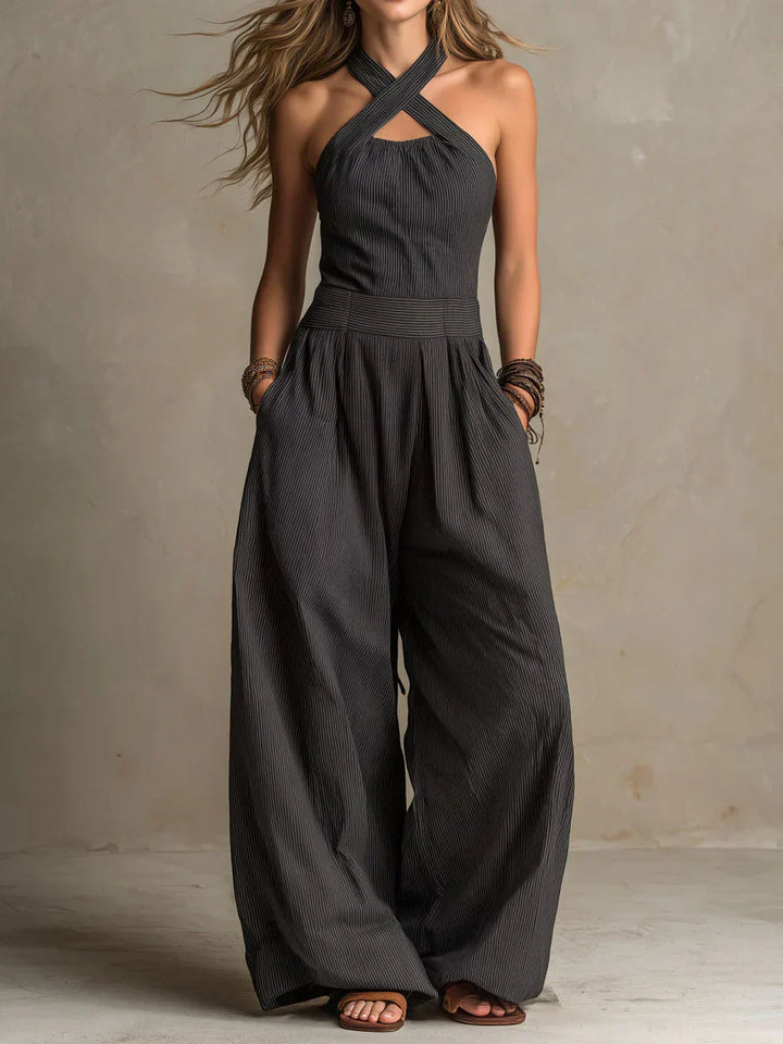 Léonie | Combinaison Halter Croisé Rayé & Jambes Larges
