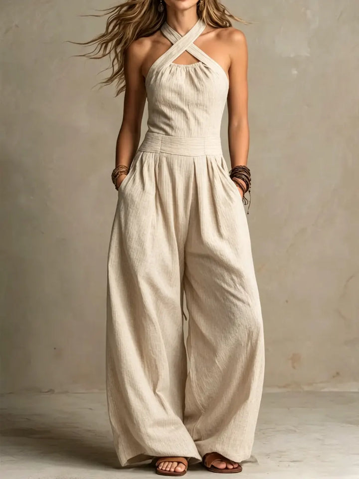 Léonie | Combinaison Halter Croisé Rayé & Jambes Larges