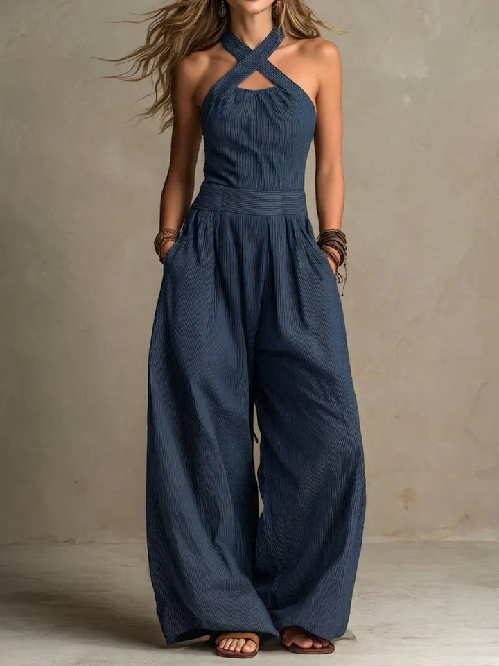 Léonie | Combinaison Halter Croisé Rayé & Jambes Larges
